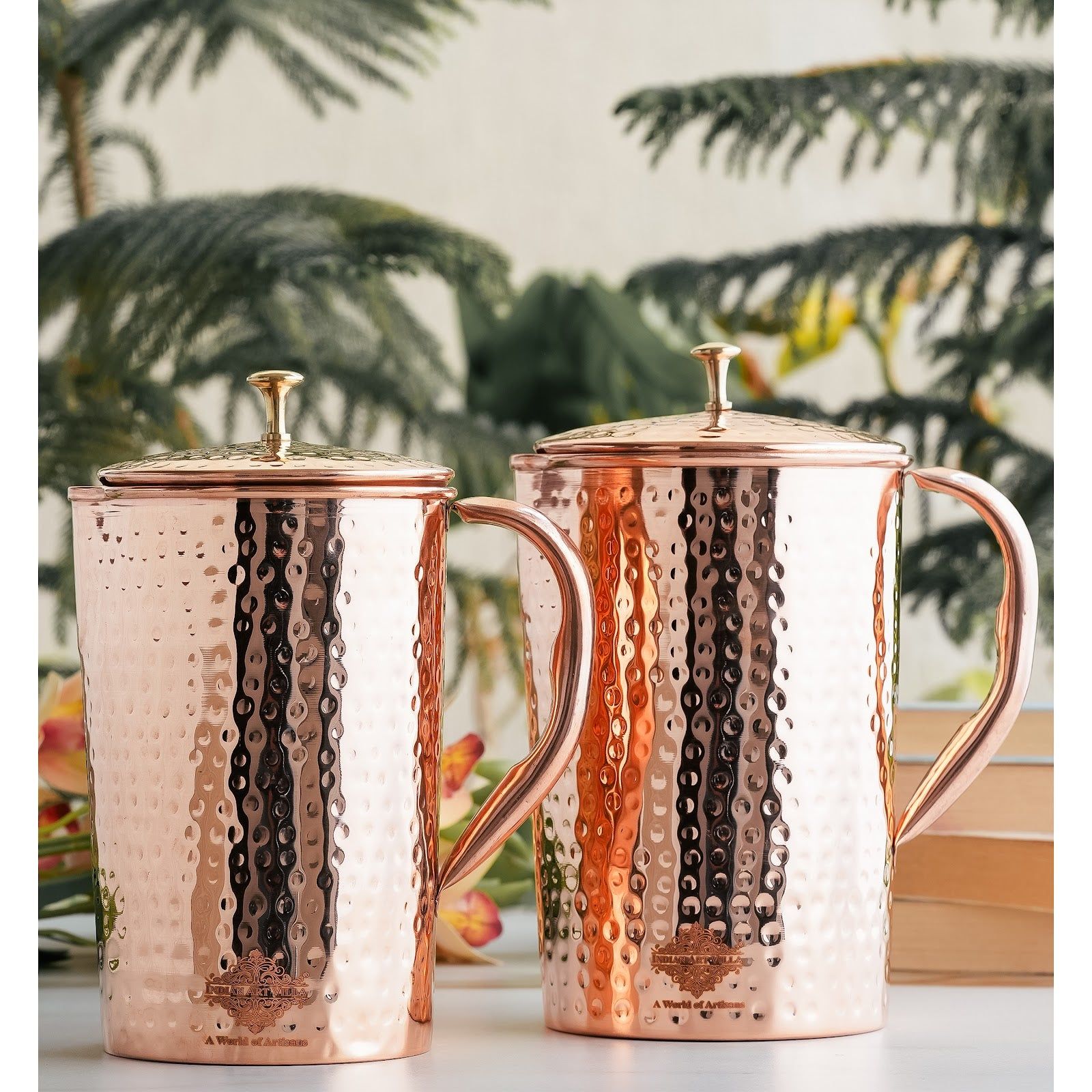 Pure copper hammered antique design jug, pitcher with brass knob on lid hammered, 2000 ML